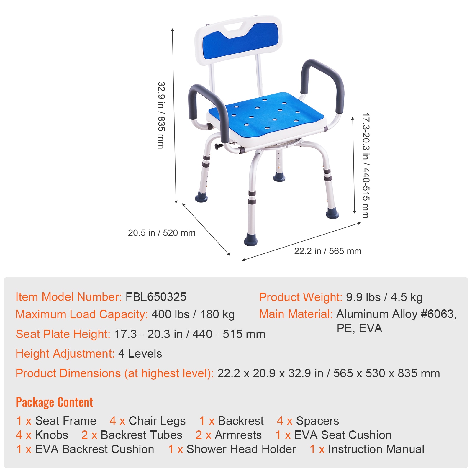 Shower Chair 360° Swivel Tub Shower Seat With Armrests & Backrest 400lbs_maomaolike.com